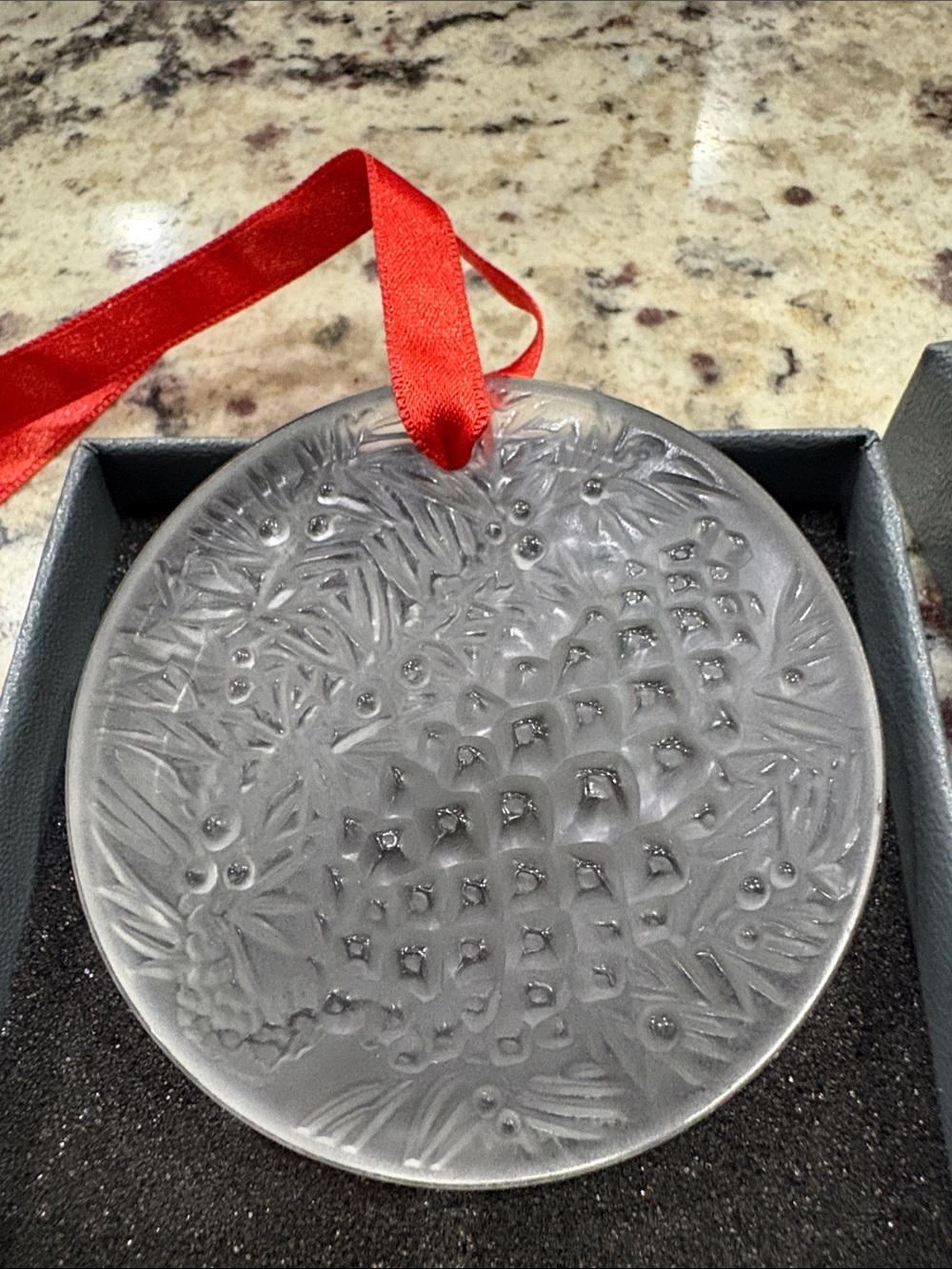 Lalique Clear Crystal Pinecone Holiday Ornament with Red Ribbon